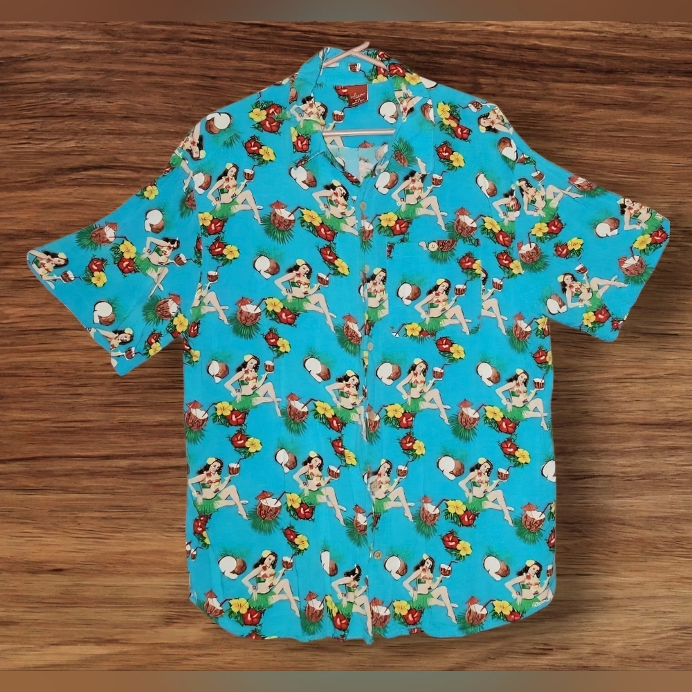 Quirky Retro Hawaiian Shirt Coconuts & Bathing Beauties Sz XXL Volup Excellent!